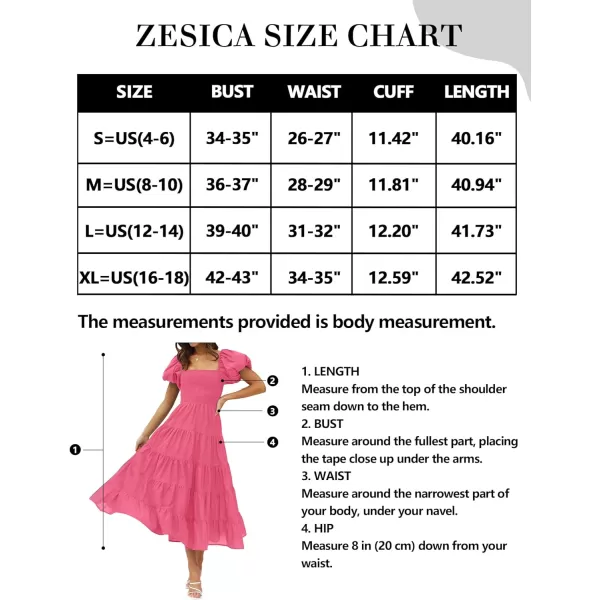 imageZESICA Womens 2023 Summer Square Neck Short Puff Sleeve Solid Color High Waist Casual Smocked Flowy A Line Tiered Midi DressHotpink