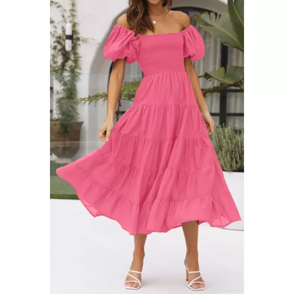 imageZESICA Womens 2023 Summer Square Neck Short Puff Sleeve Solid Color High Waist Casual Smocked Flowy A Line Tiered Midi DressHotpink