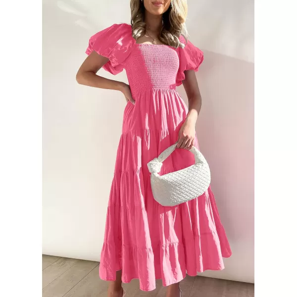 imageZESICA Womens 2023 Summer Square Neck Short Puff Sleeve Solid Color High Waist Casual Smocked Flowy A Line Tiered Midi DressHotpink