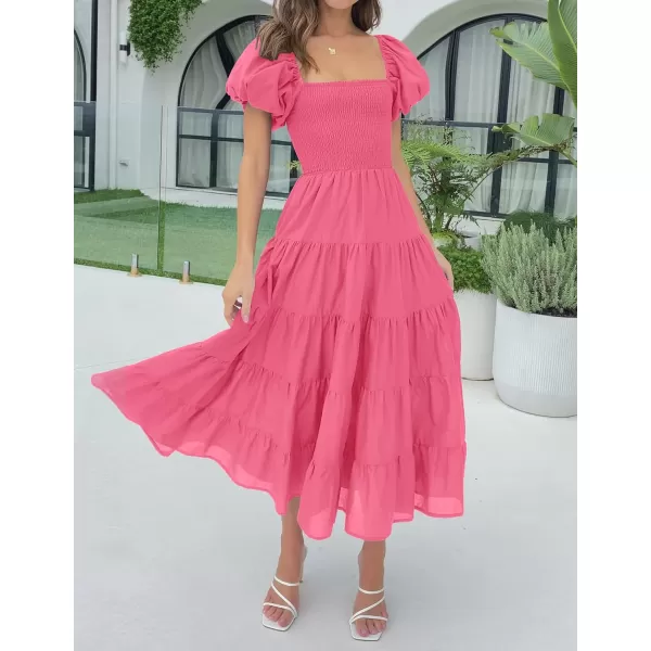 imageZESICA Womens 2023 Summer Square Neck Short Puff Sleeve Solid Color High Waist Casual Smocked Flowy A Line Tiered Midi DressHotpink