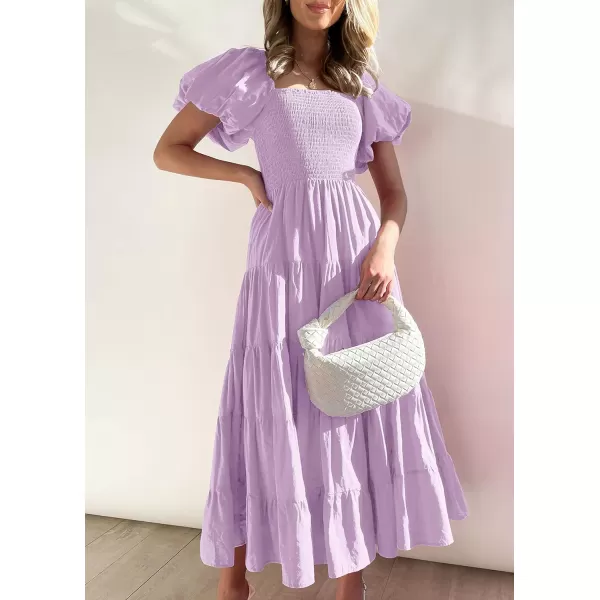 imageZESICA Womens 2023 Summer Square Neck Short Puff Sleeve Solid Color High Waist Casual Smocked Flowy A Line Tiered Midi DressLightpurple