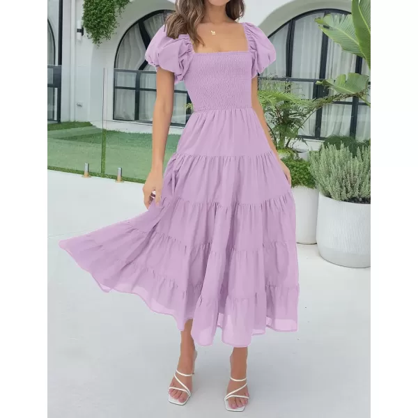 imageZESICA Womens 2023 Summer Square Neck Short Puff Sleeve Solid Color High Waist Casual Smocked Flowy A Line Tiered Midi DressLightpurple