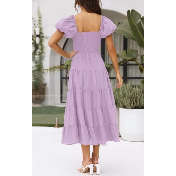 imageZESICA Womens 2023 Summer Square Neck Short Puff Sleeve Solid Color High Waist Casual Smocked Flowy A Line Tiered Midi DressLightpurple