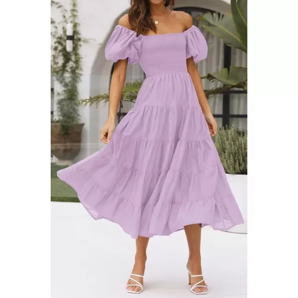 imageZESICA Womens 2023 Summer Square Neck Short Puff Sleeve Solid Color High Waist Casual Smocked Flowy A Line Tiered Midi DressLightpurple