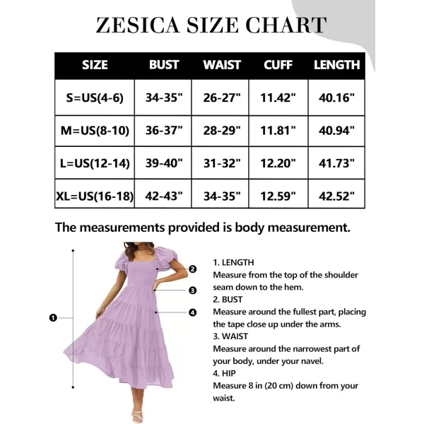 imageZESICA Womens 2023 Summer Square Neck Short Puff Sleeve Solid Color High Waist Casual Smocked Flowy A Line Tiered Midi DressLightpurple
