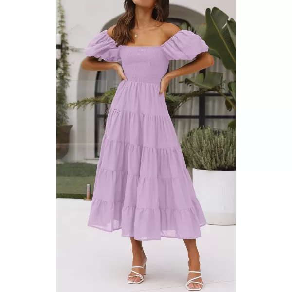 imageZESICA Womens 2023 Summer Square Neck Short Puff Sleeve Solid Color High Waist Casual Smocked Flowy A Line Tiered Midi DressLightpurple