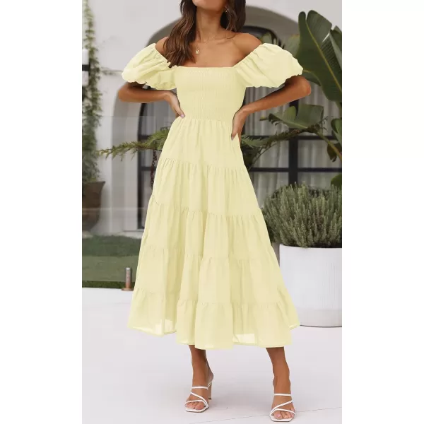 imageZESICA Womens 2023 Summer Square Neck Short Puff Sleeve Solid Color High Waist Casual Smocked Flowy A Line Tiered Midi DressLightyellow