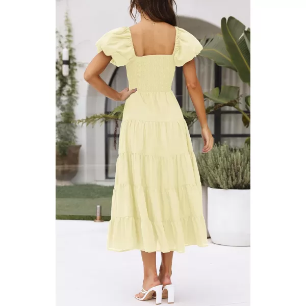 imageZESICA Womens 2023 Summer Square Neck Short Puff Sleeve Solid Color High Waist Casual Smocked Flowy A Line Tiered Midi DressLightyellow