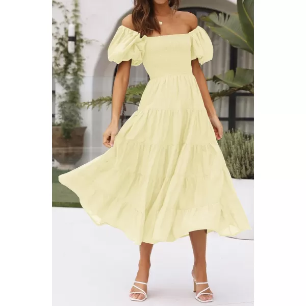imageZESICA Womens 2023 Summer Square Neck Short Puff Sleeve Solid Color High Waist Casual Smocked Flowy A Line Tiered Midi DressLightyellow