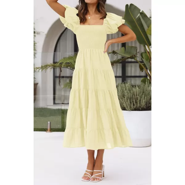 imageZESICA Womens 2023 Summer Square Neck Short Puff Sleeve Solid Color High Waist Casual Smocked Flowy A Line Tiered Midi DressLightyellow