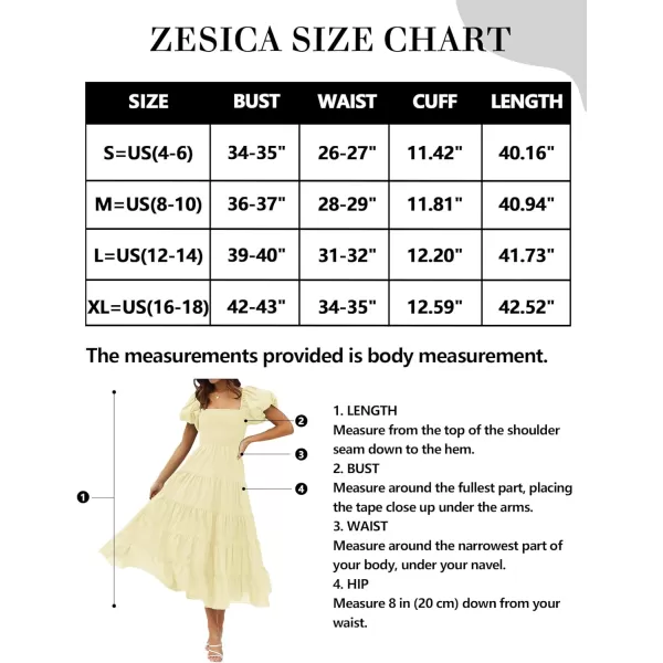 imageZESICA Womens 2023 Summer Square Neck Short Puff Sleeve Solid Color High Waist Casual Smocked Flowy A Line Tiered Midi DressLightyellow