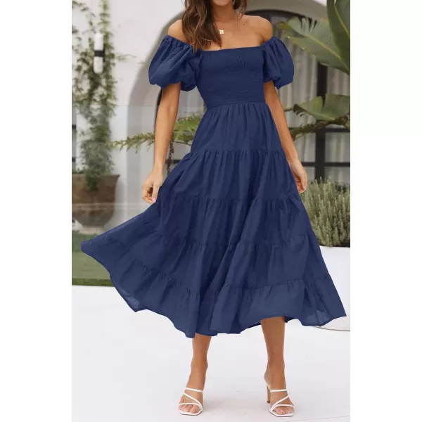 imageZESICA Womens 2023 Summer Square Neck Short Puff Sleeve Solid Color High Waist Casual Smocked Flowy A Line Tiered Midi DressNavy