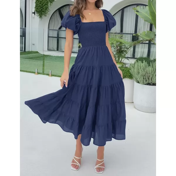 imageZESICA Womens 2023 Summer Square Neck Short Puff Sleeve Solid Color High Waist Casual Smocked Flowy A Line Tiered Midi DressNavy