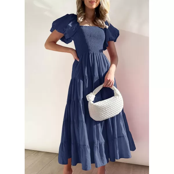imageZESICA Womens 2023 Summer Square Neck Short Puff Sleeve Solid Color High Waist Casual Smocked Flowy A Line Tiered Midi DressNavy