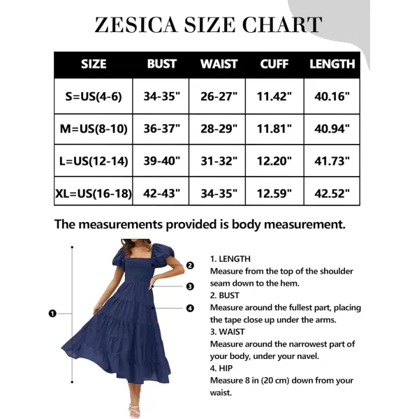 imageZESICA Womens 2023 Summer Square Neck Short Puff Sleeve Solid Color High Waist Casual Smocked Flowy A Line Tiered Midi DressNavy