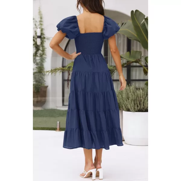 imageZESICA Womens 2023 Summer Square Neck Short Puff Sleeve Solid Color High Waist Casual Smocked Flowy A Line Tiered Midi DressNavy