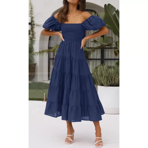 imageZESICA Womens 2023 Summer Square Neck Short Puff Sleeve Solid Color High Waist Casual Smocked Flowy A Line Tiered Midi DressNavy