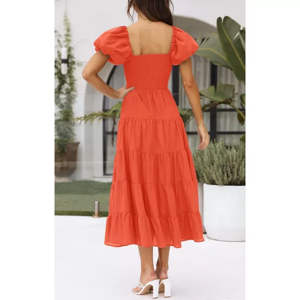 imageZESICA Womens 2023 Summer Square Neck Short Puff Sleeve Solid Color High Waist Casual Smocked Flowy A Line Tiered Midi DressOrange