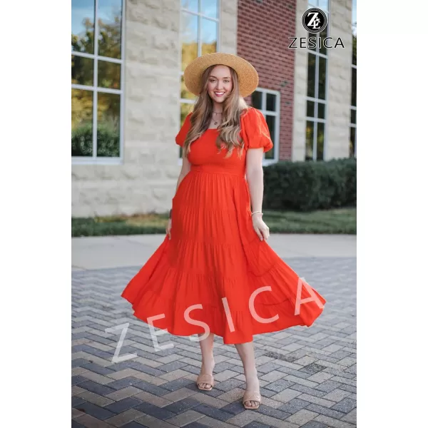 imageZESICA Womens 2023 Summer Square Neck Short Puff Sleeve Solid Color High Waist Casual Smocked Flowy A Line Tiered Midi DressOrange