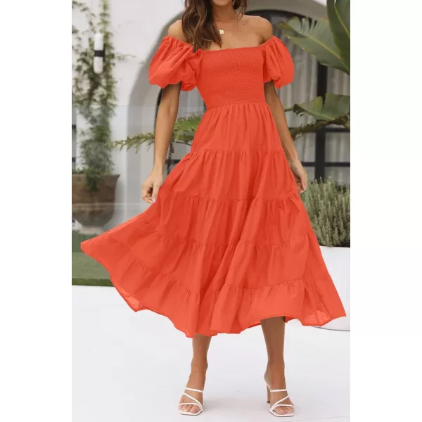 imageZESICA Womens 2023 Summer Square Neck Short Puff Sleeve Solid Color High Waist Casual Smocked Flowy A Line Tiered Midi DressOrange