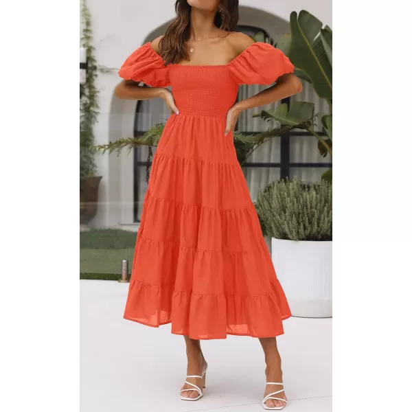 imageZESICA Womens 2023 Summer Square Neck Short Puff Sleeve Solid Color High Waist Casual Smocked Flowy A Line Tiered Midi DressOrange