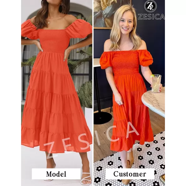 imageZESICA Womens 2023 Summer Square Neck Short Puff Sleeve Solid Color High Waist Casual Smocked Flowy A Line Tiered Midi DressOrange