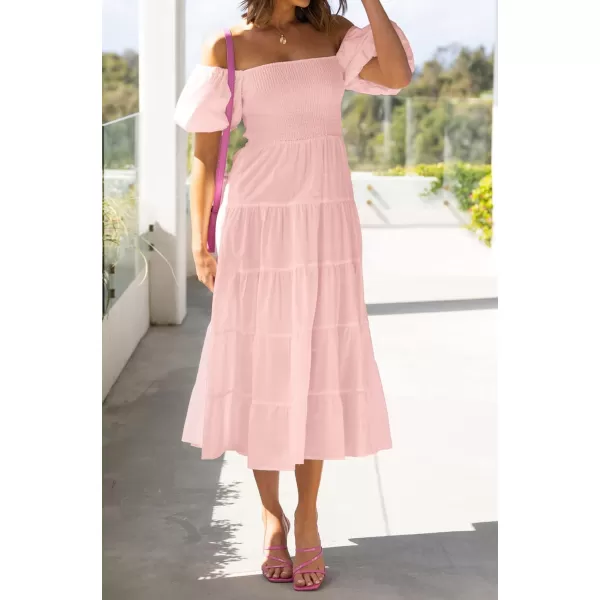 imageZESICA Womens 2023 Summer Square Neck Short Puff Sleeve Solid Color High Waist Casual Smocked Flowy A Line Tiered Midi DressPink