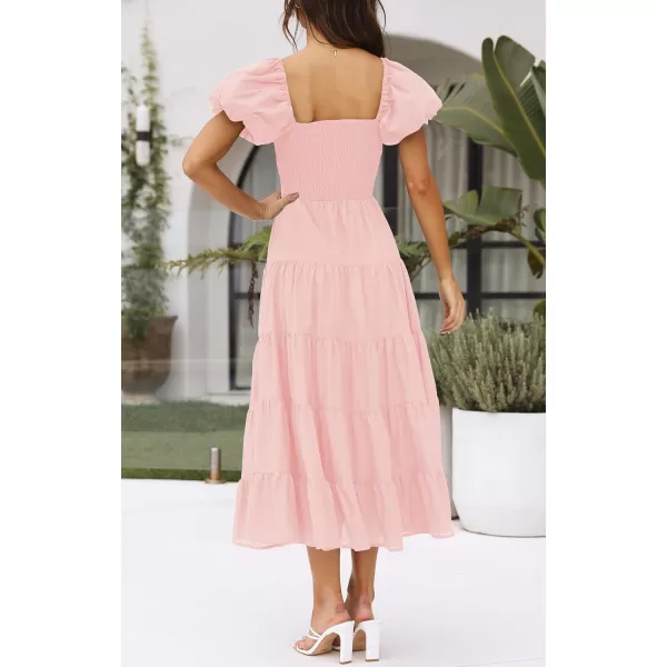 imageZESICA Womens 2023 Summer Square Neck Short Puff Sleeve Solid Color High Waist Casual Smocked Flowy A Line Tiered Midi DressPink