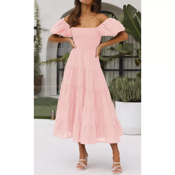 imageZESICA Womens 2023 Summer Square Neck Short Puff Sleeve Solid Color High Waist Casual Smocked Flowy A Line Tiered Midi DressPink