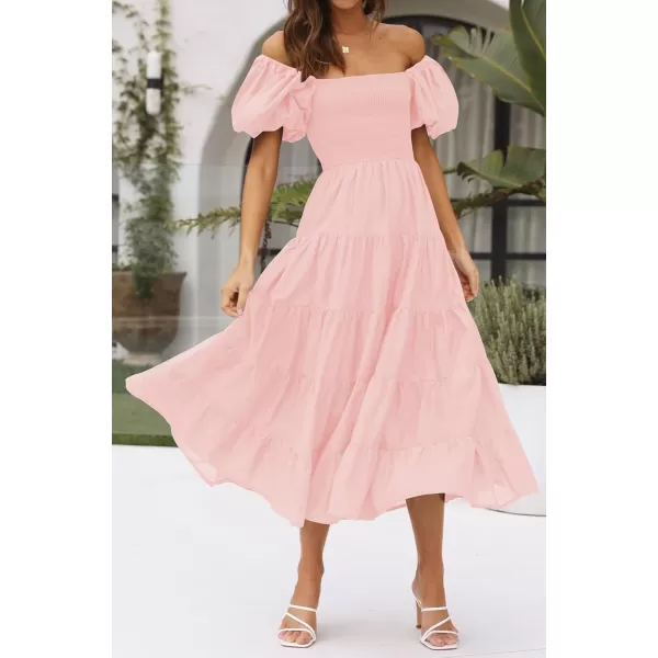 imageZESICA Womens 2023 Summer Square Neck Short Puff Sleeve Solid Color High Waist Casual Smocked Flowy A Line Tiered Midi DressPink