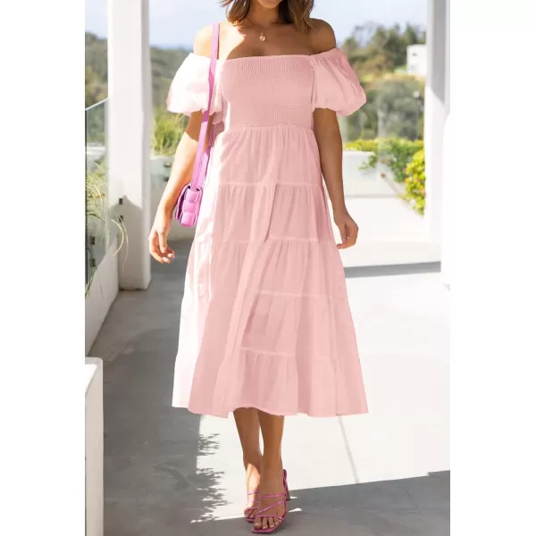 imageZESICA Womens 2023 Summer Square Neck Short Puff Sleeve Solid Color High Waist Casual Smocked Flowy A Line Tiered Midi DressPink