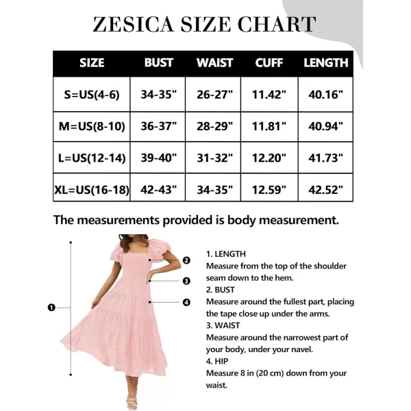 imageZESICA Womens 2023 Summer Square Neck Short Puff Sleeve Solid Color High Waist Casual Smocked Flowy A Line Tiered Midi DressPink