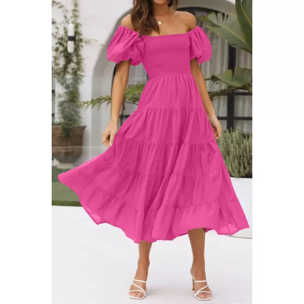 imageZESICA Womens 2023 Summer Square Neck Short Puff Sleeve Solid Color High Waist Casual Smocked Flowy A Line Tiered Midi DressRose