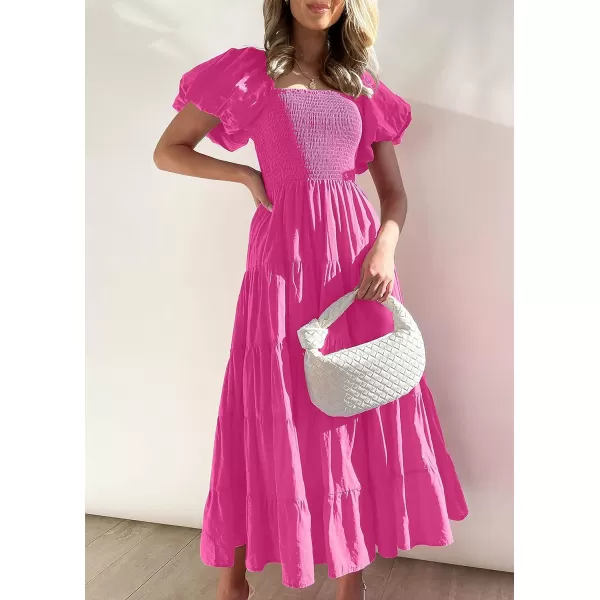 imageZESICA Womens 2023 Summer Square Neck Short Puff Sleeve Solid Color High Waist Casual Smocked Flowy A Line Tiered Midi DressRose
