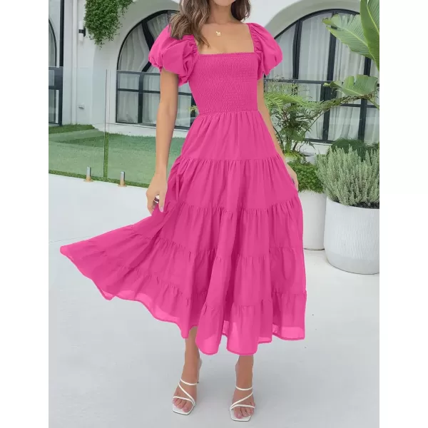 imageZESICA Womens 2023 Summer Square Neck Short Puff Sleeve Solid Color High Waist Casual Smocked Flowy A Line Tiered Midi DressRose