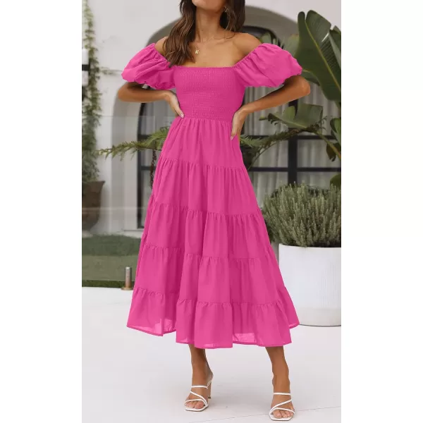imageZESICA Womens 2023 Summer Square Neck Short Puff Sleeve Solid Color High Waist Casual Smocked Flowy A Line Tiered Midi DressRose