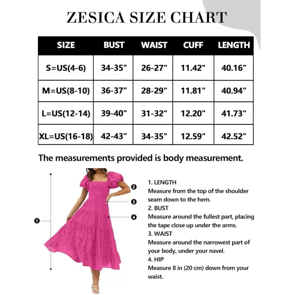imageZESICA Womens 2023 Summer Square Neck Short Puff Sleeve Solid Color High Waist Casual Smocked Flowy A Line Tiered Midi DressRose