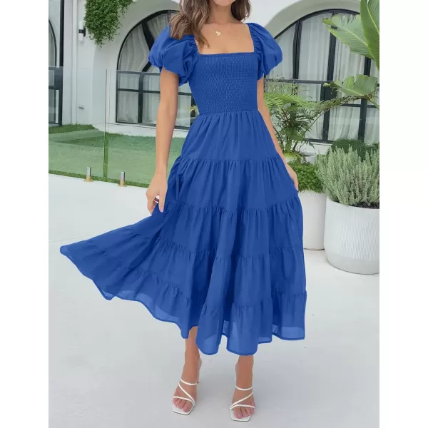 imageZESICA Womens 2023 Summer Square Neck Short Puff Sleeve Solid Color High Waist Casual Smocked Flowy A Line Tiered Midi DressRoyalblue