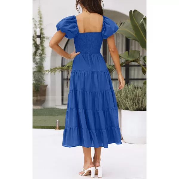 imageZESICA Womens 2023 Summer Square Neck Short Puff Sleeve Solid Color High Waist Casual Smocked Flowy A Line Tiered Midi DressRoyalblue