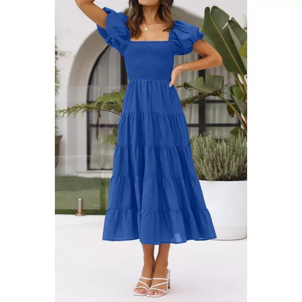 imageZESICA Womens 2023 Summer Square Neck Short Puff Sleeve Solid Color High Waist Casual Smocked Flowy A Line Tiered Midi DressRoyalblue