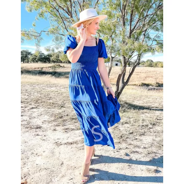 imageZESICA Womens 2023 Summer Square Neck Short Puff Sleeve Solid Color High Waist Casual Smocked Flowy A Line Tiered Midi DressRoyalblue