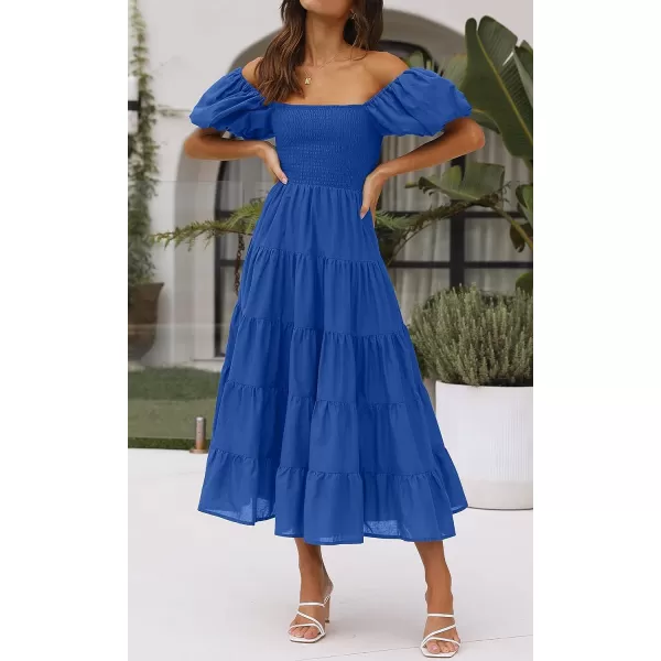 imageZESICA Womens 2023 Summer Square Neck Short Puff Sleeve Solid Color High Waist Casual Smocked Flowy A Line Tiered Midi DressRoyalblue