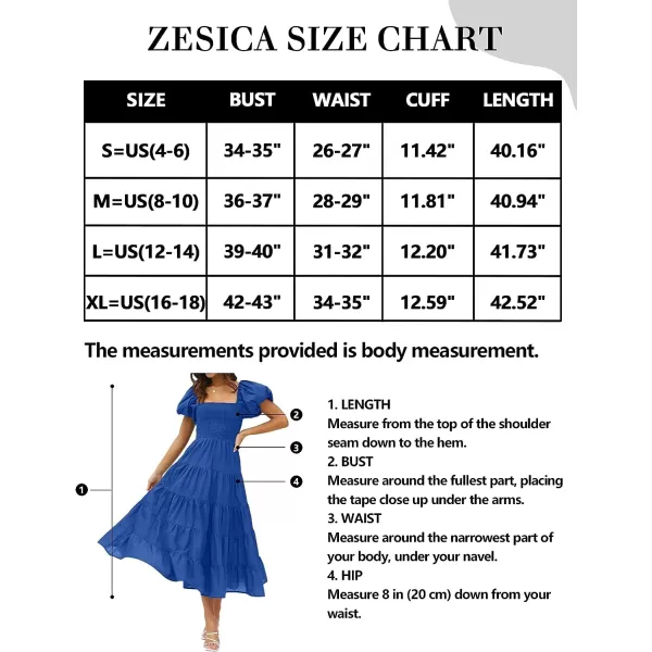 imageZESICA Womens 2023 Summer Square Neck Short Puff Sleeve Solid Color High Waist Casual Smocked Flowy A Line Tiered Midi DressRoyalblue