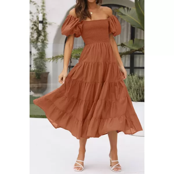 imageZESICA Womens 2023 Summer Square Neck Short Puff Sleeve Solid Color High Waist Casual Smocked Flowy A Line Tiered Midi DressRust