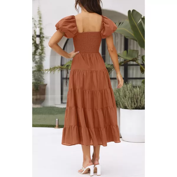 imageZESICA Womens 2023 Summer Square Neck Short Puff Sleeve Solid Color High Waist Casual Smocked Flowy A Line Tiered Midi DressRust