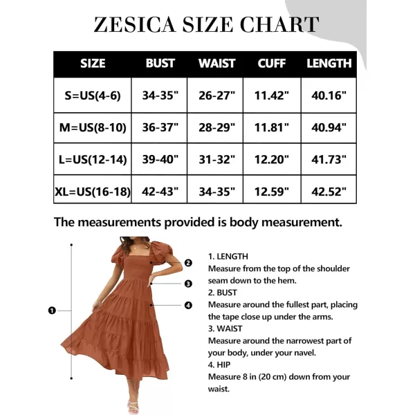 imageZESICA Womens 2023 Summer Square Neck Short Puff Sleeve Solid Color High Waist Casual Smocked Flowy A Line Tiered Midi DressRust