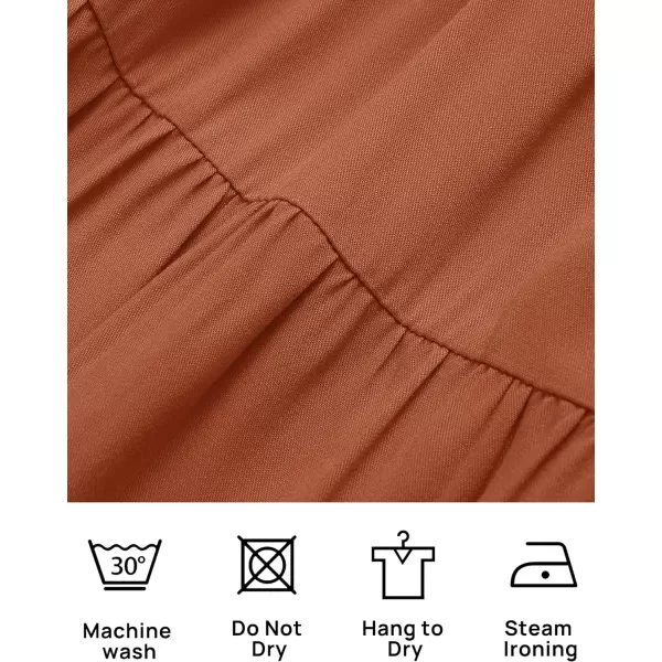 imageZESICA Womens 2023 Summer Square Neck Short Puff Sleeve Solid Color High Waist Casual Smocked Flowy A Line Tiered Midi DressRust