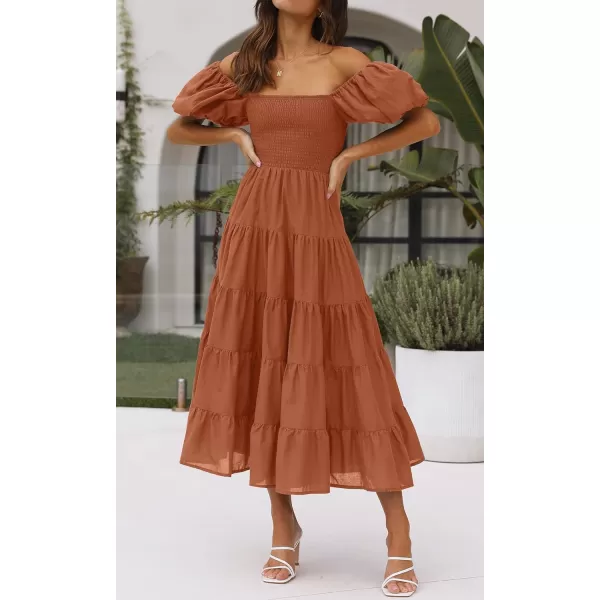 imageZESICA Womens 2023 Summer Square Neck Short Puff Sleeve Solid Color High Waist Casual Smocked Flowy A Line Tiered Midi DressRust