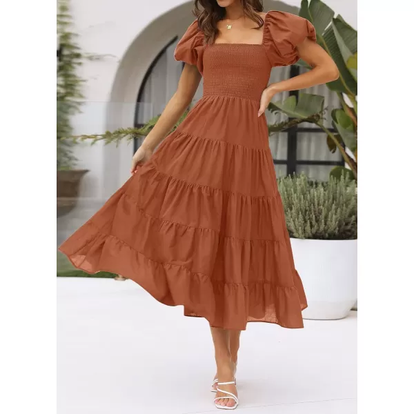 imageZESICA Womens 2023 Summer Square Neck Short Puff Sleeve Solid Color High Waist Casual Smocked Flowy A Line Tiered Midi DressRust