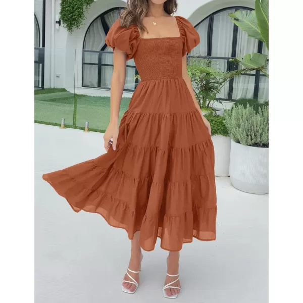imageZESICA Womens 2023 Summer Square Neck Short Puff Sleeve Solid Color High Waist Casual Smocked Flowy A Line Tiered Midi DressRust